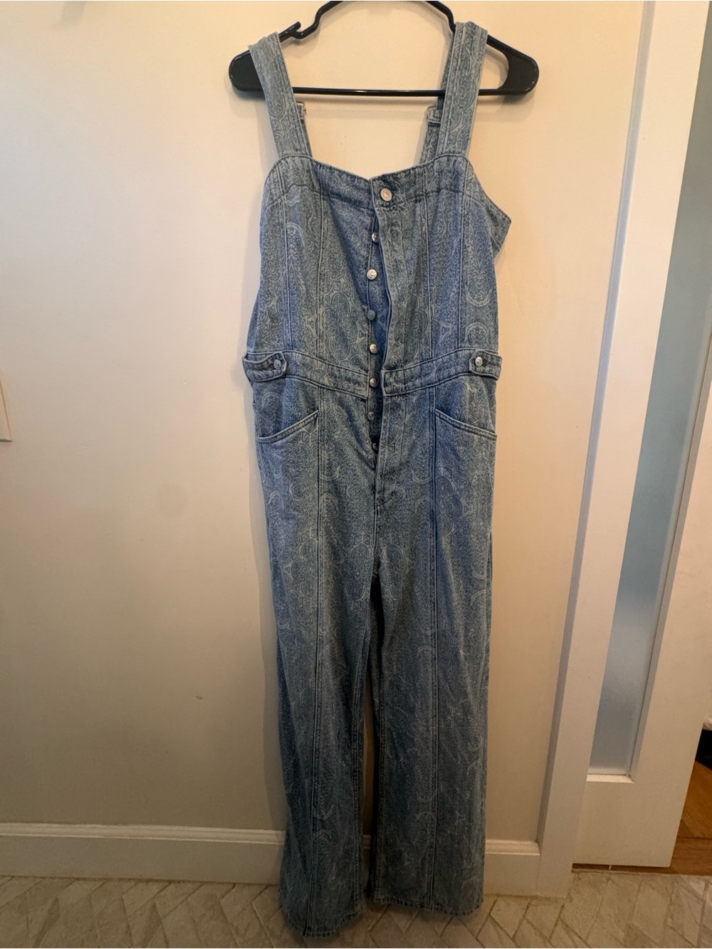 Free People Light Blue Paisley Denim Overalls